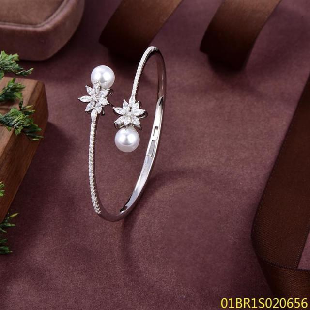 Blossom CS Jewelry Floral Pearl Cuff Bangle 925 Sterling Silver Flower Zircon Open Bracelet for Women