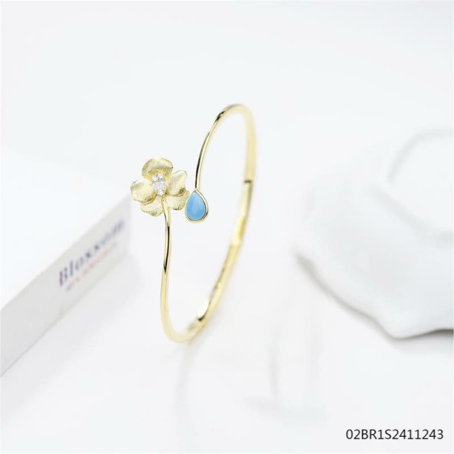 Blossom CS Jewelry Floral Cuff Bangle 925 Sterling Silver Flower Teardrop Stone Open Bracelet for Women