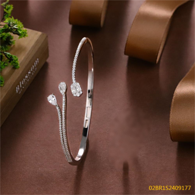 Blossom CS Jewelry 925 Silver Cuff Bangle Multi Cut Zirconia Simple Open Cuff For Women Party