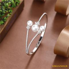 Blossom CS Jewelry Pearl Flower Zircon Cuff Bangle 925 Sterling Silver Open Bracelet for Women