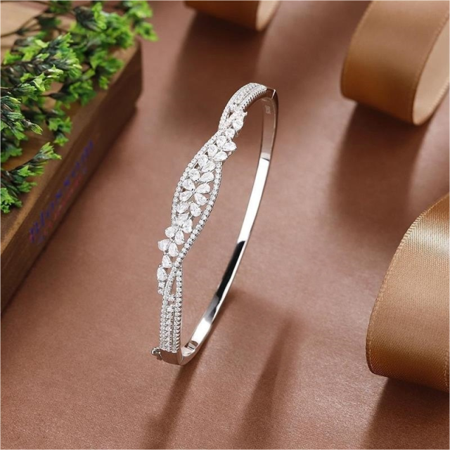 Blossom CS Jewelry Twist Leaf 925 Sterling Silver Bangle For Women Inlaid Cubic Zirconia Wrist Bracelet Gift