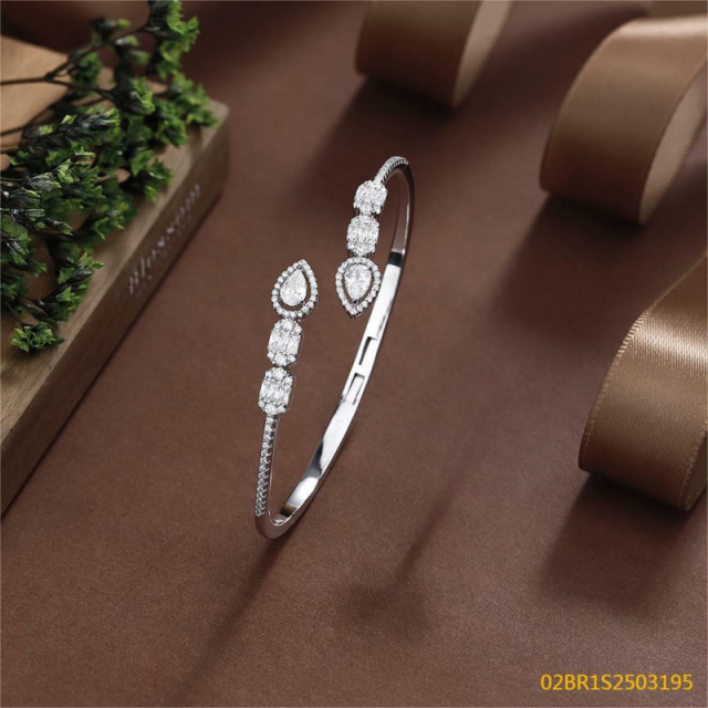 Blossom CS Jewelry Pear & Rectangle Cut 925 Sterling Silver Open Bangle For Women Inlaid Cubic Zirconia Bracelet Gift
