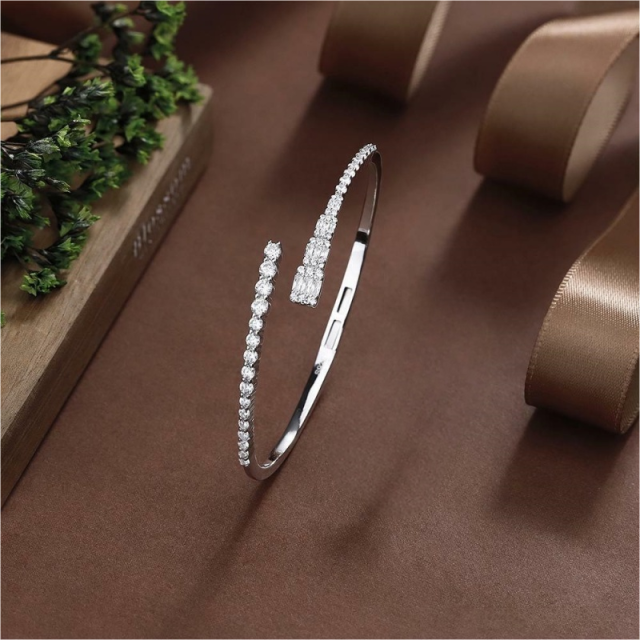 Blossom CS Jewelry Mixed Cut 925 Sterling Silver Open Bangle For Women Inlaid Cubic Zirconia Bracelet Gift