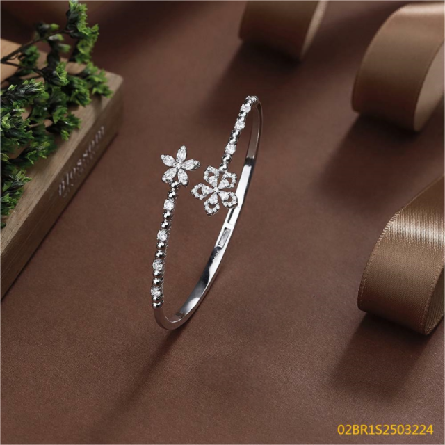 Blossom CS Jewelry Dual Floral 925 Sterling Silver Open Bangle For Women Inlaid Cubic Zirconia Bracelet Gift