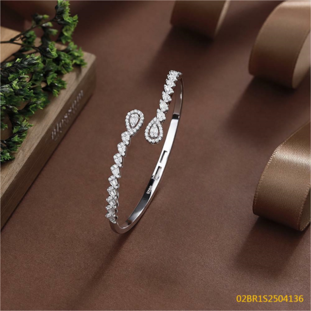 Blossom CS Jewelry Teardrop Halo 925 Sterling Silver Open Bangle For Women Inlaid Cubic Zirconia Bracelet Gift