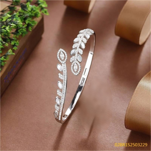 Blossom CS Jewelry Leaf Vine 925 Sterling Silver Open Bangle For Women Inlaid Cubic Zirconia Bracelet Gift