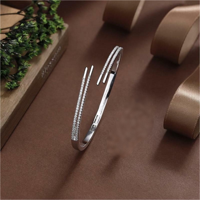 Blossom CS Jewelry Multi Line 925 Sterling Silver Open Bangle For Women Inlaid Cubic Zirconia Bracelet Gift