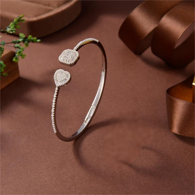 Blossom CS Jewelry Square Heart Halo 925 Sterling Silver Open Bangle For Women Inlaid Cubic Zirconia Bracelet Gift