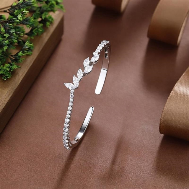Blossom CS Jewelry Leaf Branch 925 Sterling Silver Open Bangle For Women Inlaid Cubic Zirconia