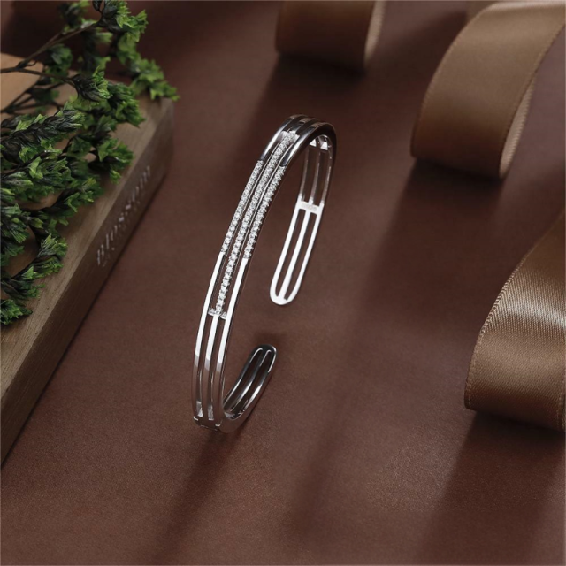 Blossom CS Jewelry Triple Band 925 Sterling Silver Open Bangle For Women Inlaid Cubic Zirconia