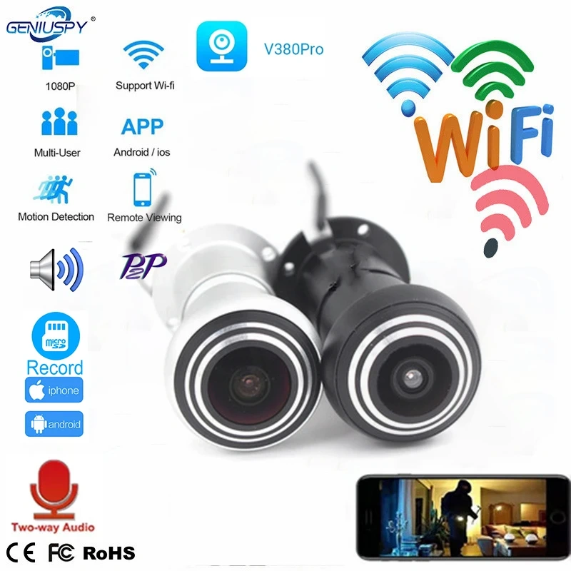 Security 1080P Mini Wifi Door Eye Hole IP Camera Wide Angle FishEye Lens 1.66mm Peephole CCTV Network Audio Horn P2P RTSP On Vif