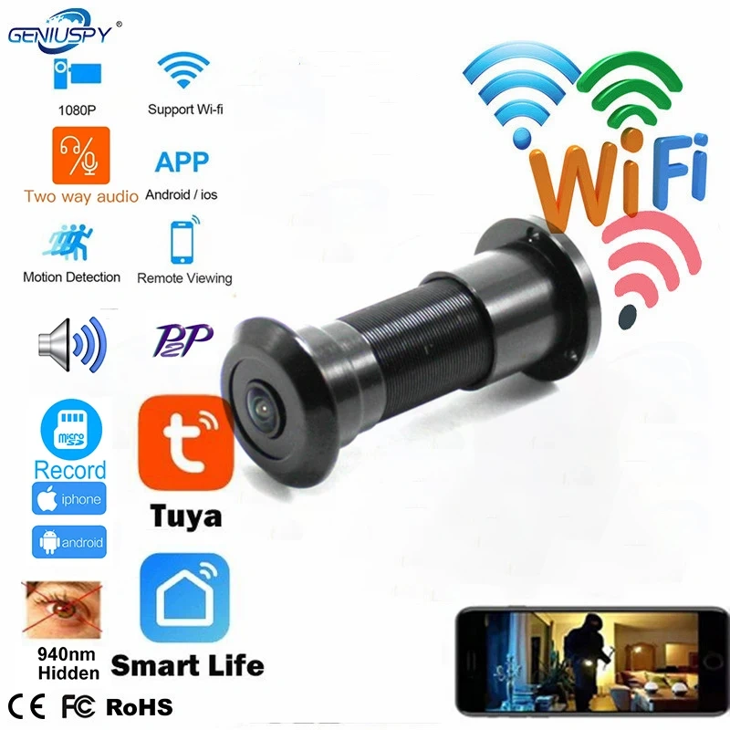 WIFI Two Way Audio Door Eye Hole Home 1080P 180Degree FishEye Network Mini IR Peephole Wifi Door IP Camera P2P Tuya TF Card Slot