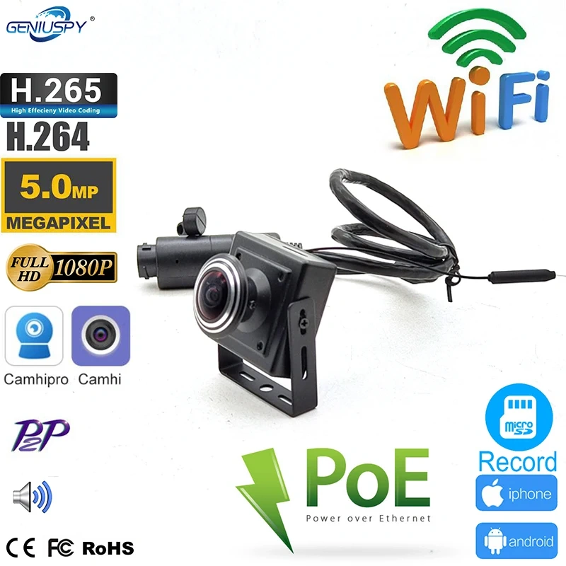 180degree Wide Angle Fisheye 1.66MM 1.78mm Security Micro Camhi RTSP 2MP 4MP 5MP POE Mini IP Wifi Camera TF Card Slot IP Cam Mic