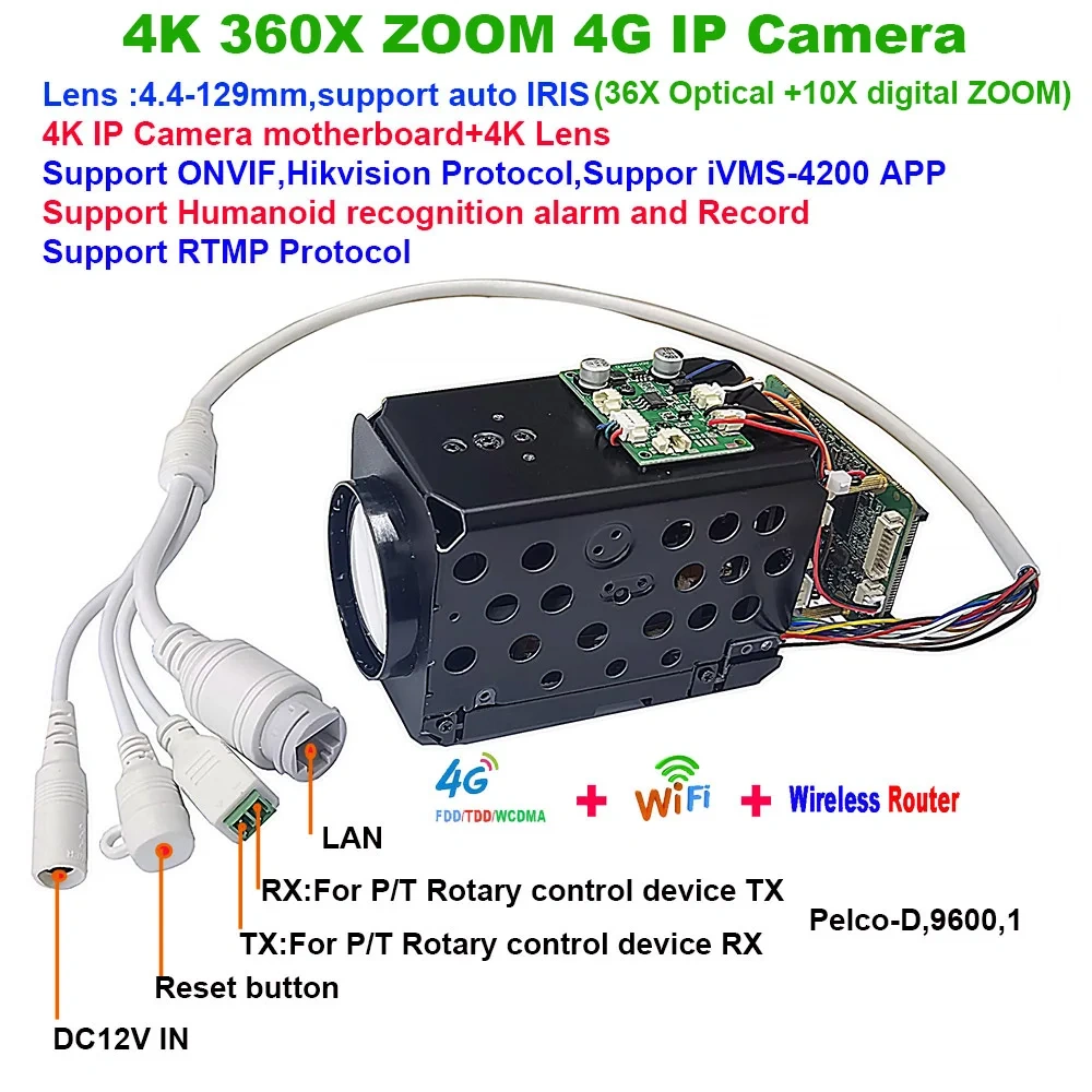 4K 8MP 360X Optical zoom 4G IP Camera auto IRIS Hikvision protocol RTMP IVM4200 P2P ONVIF IMX415 SD 256GB IP Camera