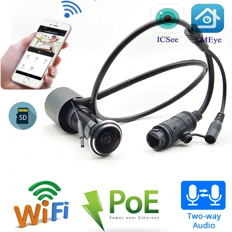 2MP POE Wifi Door Eye Hole IP Camera Wireless Wide Angle Cat FishEye Peephole Door CCTV Cam Network P2P ICSEE On vif 2 Way Audio