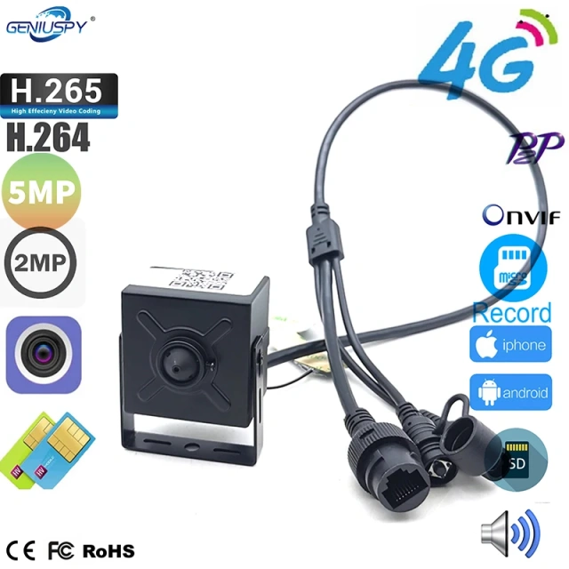 Miniature Size 1080P 5MP P2P  Square Style 4G SIM Card Pin hole Mini IP Camera With Audio TF Card Slot For Industry Machine