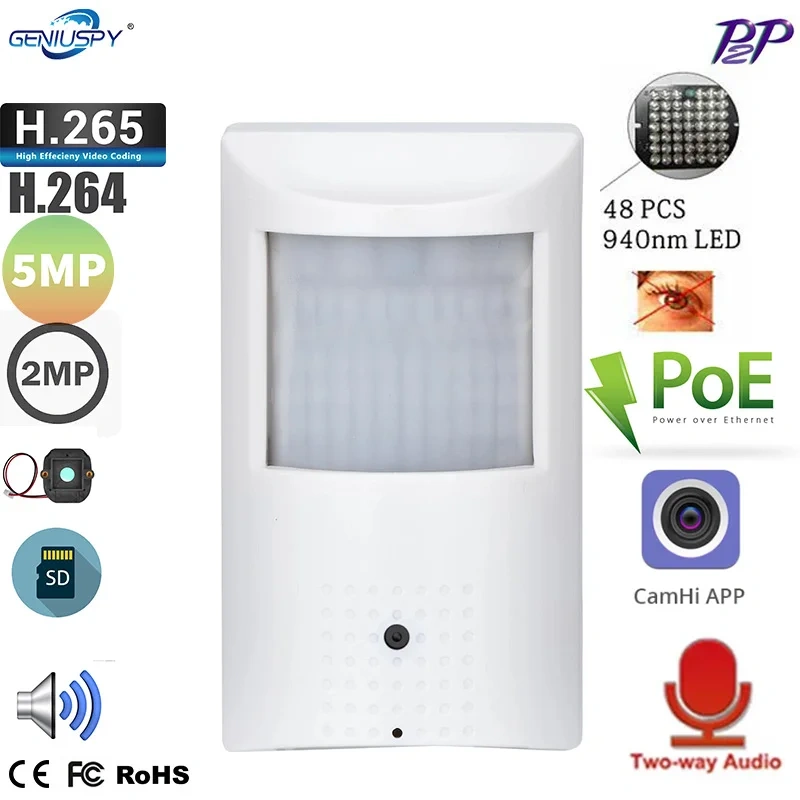 Camhipro 2MP 5MP Two Way Audio PIR POE Mini IR IP Camera CCTV Surveillance Invisible 940nm IR Led Video Security TF Card Slot