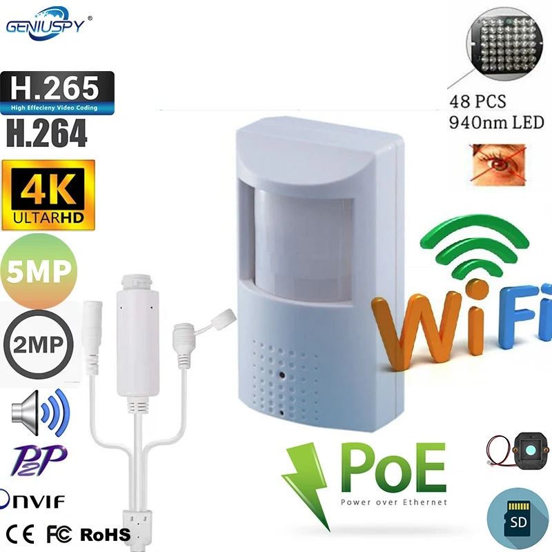 P0E WIFI SD Card Slot 5MP 1080P 8MP  IMX415 PIR Style Indoor On vif Mini Wireless IP Camera Invisible 940nm IR  Audio Camhi