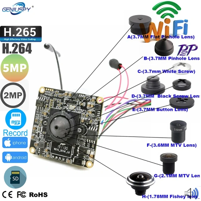 Camhi Mini WiFi IP Camera Module Wireless Covert CCTV H264 H265 P2P1080P 1920P DIY TF Card Security Audio Surveillance Onvif P2P