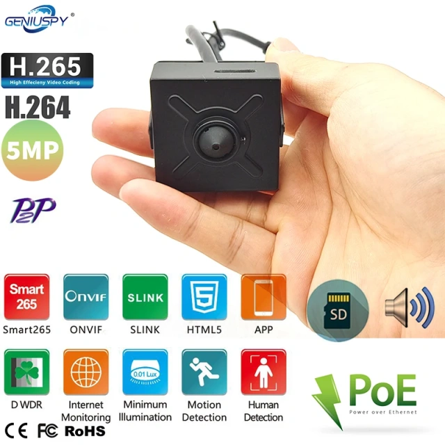 RTMP 5MP POE Audio Pinhole Mini IP Camera H.265 Slink HTML5 Micro CCTV IP Camera SD Card Slot Max 256G Home Industry Security Surveillance