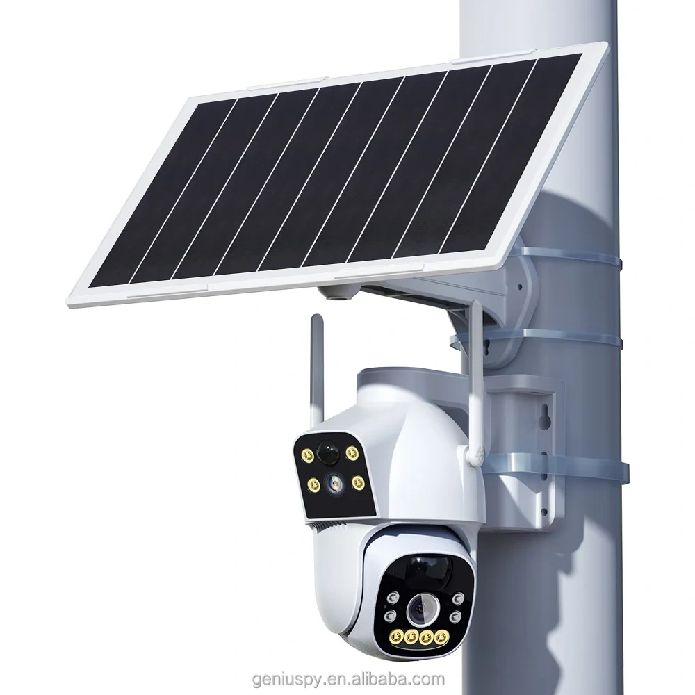 Camhipro Low Power Dual-lens 4MP Wi-Fi/ 4G Wireless Dome PTZ Pan Tilt Solar Battery Camera With Dual PIR Motion Detection Alarm