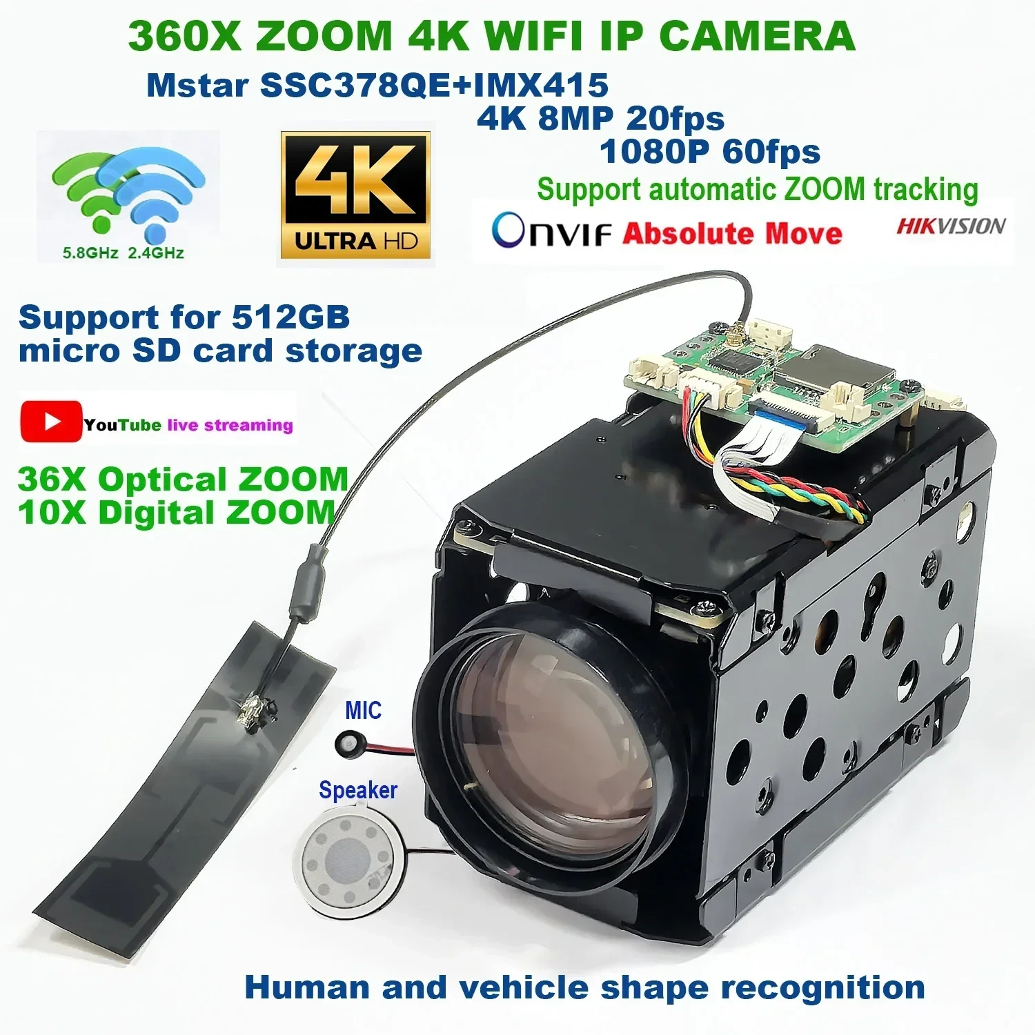 Videolink Wifi Wireless 4K 8MP 20fps 1080P 60fps 360X ZOOM RTMP IP Camera Board Auto IRIS Hik IVM4200 P2P  IMX415 SD Card Slot