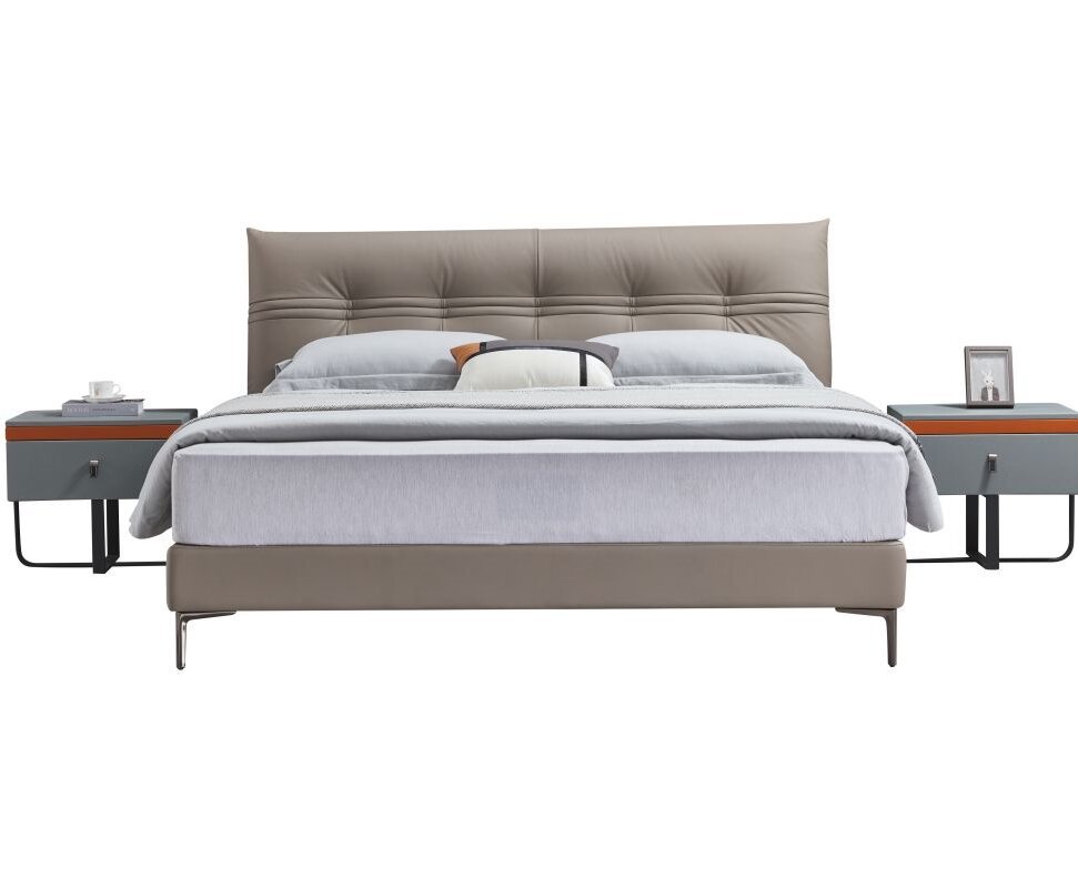 Modern Italian Design Solid Wood high-end King Size genuine Leather Bed for bedroom