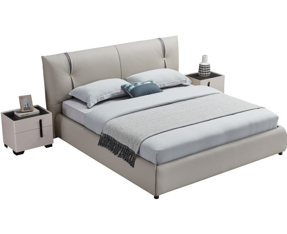 Modern Italian Design Solid Wood high-end King Size genuine Leather Bed for bedroom