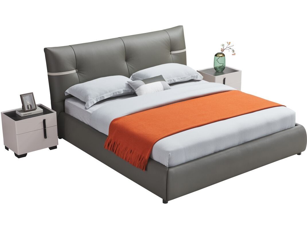 Modern Italian Design Solid Wood high-end King Size genuine Leather Bed for bedroom