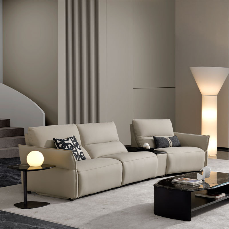 Luxury Italian design Full Genuine Leather power Recliner Living room villa furniture Modern sectional sofa with Stainless steel console
