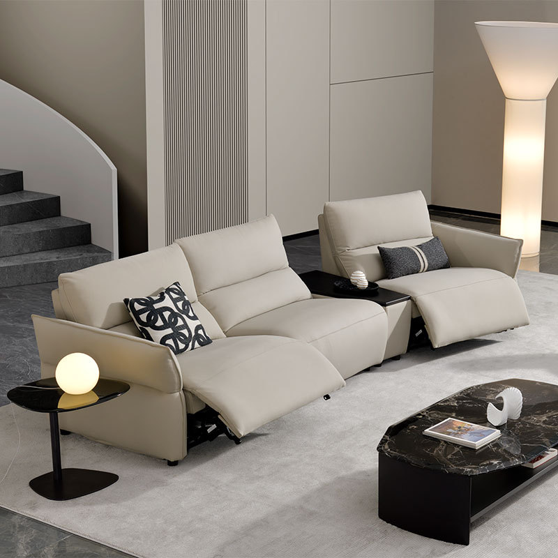 Luxury Italian design Full Genuine Leather power Recliner Living room villa furniture Modern sectional sofa with Stainless steel console