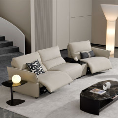 Luxury Italian design Full Genuine Leather power Recliner Living room villa furniture Modern sectional sofa with Stainless steel console