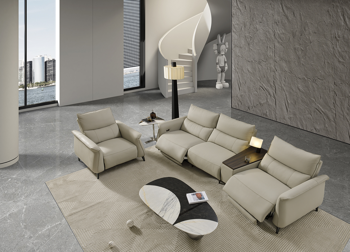 Modern motorized sofa from the high-end luxury collection, made with high-density foam padding, solid wood frame, one button to control the angle of the sofa, leather sofa with its own usb charging port.