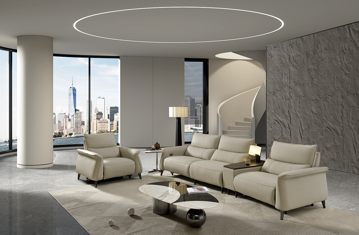 Modern motorized sofa from the high-end luxury collection, made with high-density foam padding, solid wood frame, one button to control the angle of the sofa, leather sofa with its own usb charging port.
