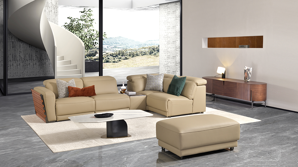 Modern motorized sofa from the high-end luxury collection, made with high-density foam padding, solid wood frame, one button to control the angle of the sofa, leather sofa with its own usb charging port.