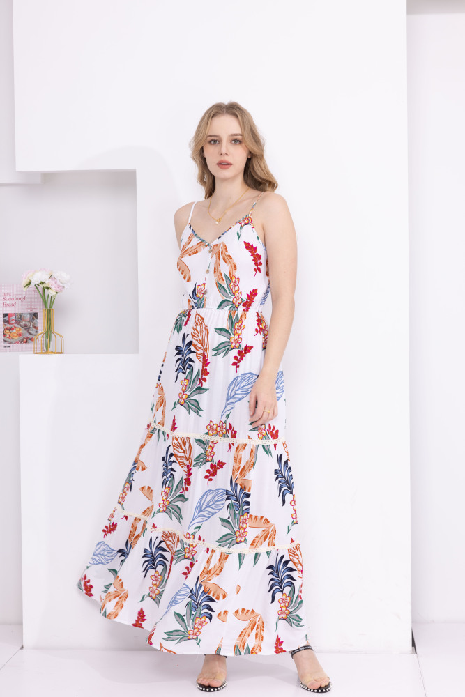 Vestido Maxi Floral de verano de las mujeres Casual Boho Correa de espagueti Cuello cuadrado Vestido largo Vestido de playa de línea