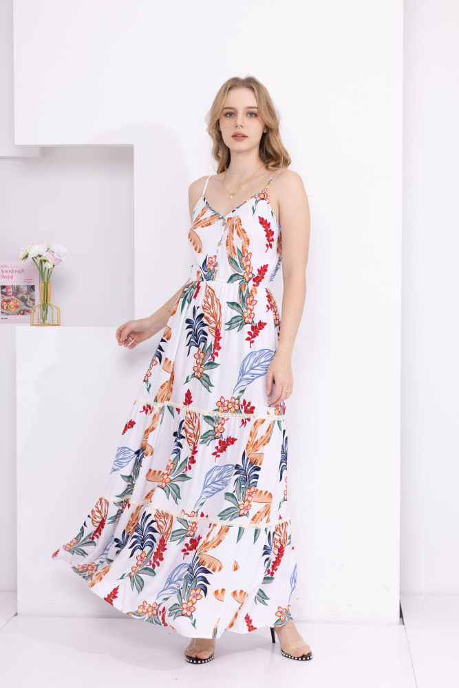 Vestido Maxi Floral de verano de las mujeres Casual Boho Correa de espagueti Cuello cuadrado Vestido largo Vestido de playa de línea