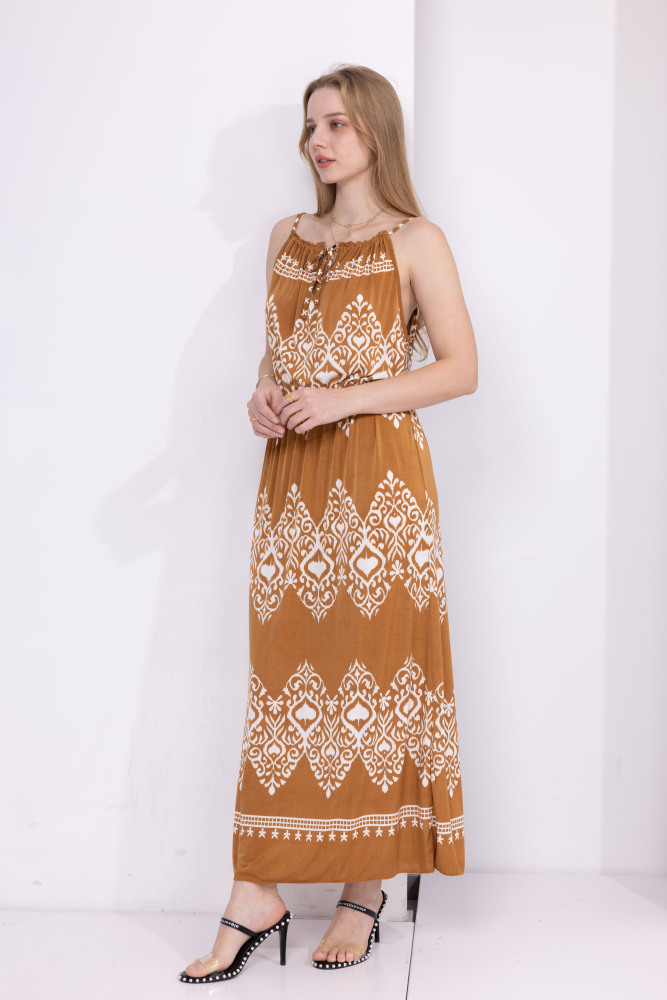 Women's plus size dress with printed twisted sleeveless long skirt, summer casual dress