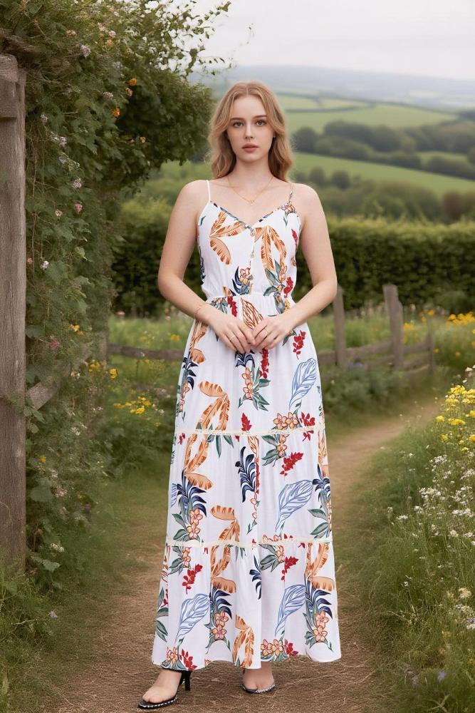 Vestido Maxi Floral de verano de las mujeres Casual Boho Correa de espagueti Cuello cuadrado Vestido largo Vestido de playa de línea