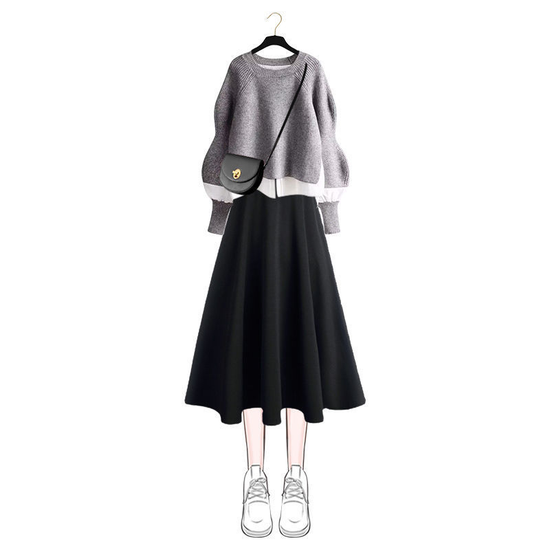 【単品注文】ファッション レイヤード ニットセーター+エレガント サロベット ワンピース セットアップ