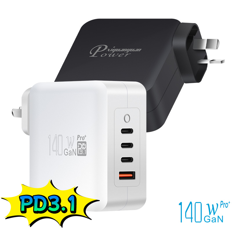 4 Ports 140W PD Type-C / USB-A Dual GaN AU Wall Charger - Black, White