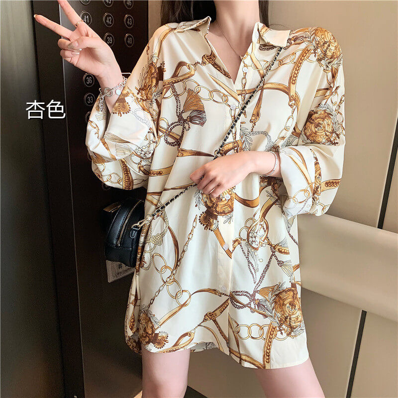 【送料無料】シャツ ブラウス レディース トップス ロングシャツ 大きいサイズ チェーン柄 スキッパー 長袖  白 大きいサイズ ゆったり きれいめ おしゃれ 春 夏 秋 冬 オフィス OL 通勤 フォーマル 着痩せ カジュアル 韓国