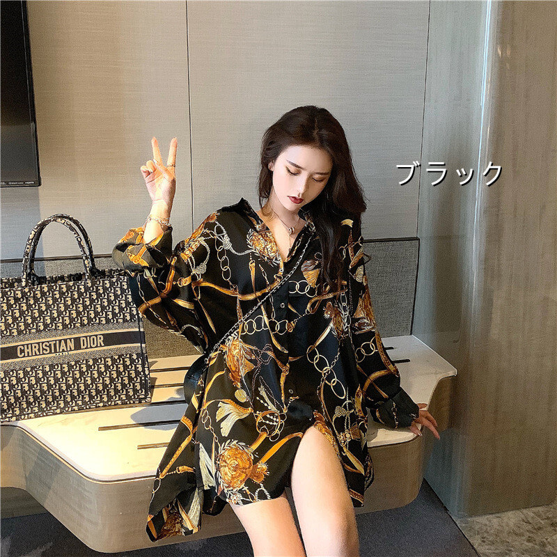 【送料無料】シャツ ブラウス レディース トップス ロングシャツ 大きいサイズ チェーン柄 スキッパー 長袖  白 大きいサイズ ゆったり きれいめ おしゃれ 春 夏 秋 冬 オフィス OL 通勤 フォーマル 着痩せ カジュアル 韓国