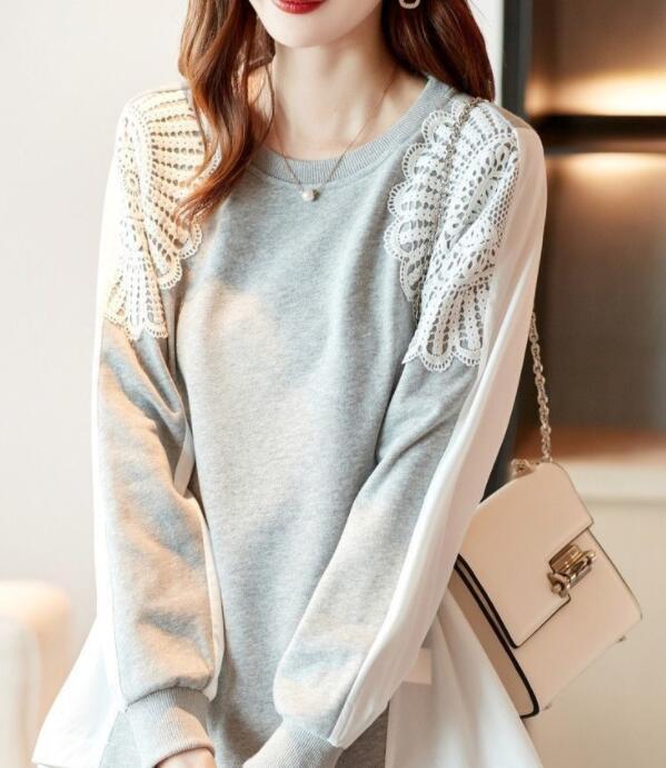 【送料無料】Tシャツ レディース トップス ロング 配色 レース 刺繡 長袖 七分袖 カットソー スウェット トレーナー プルオーバー 大きいサイズ ゆったり ロンT ビッグT 春 夏 秋 冬