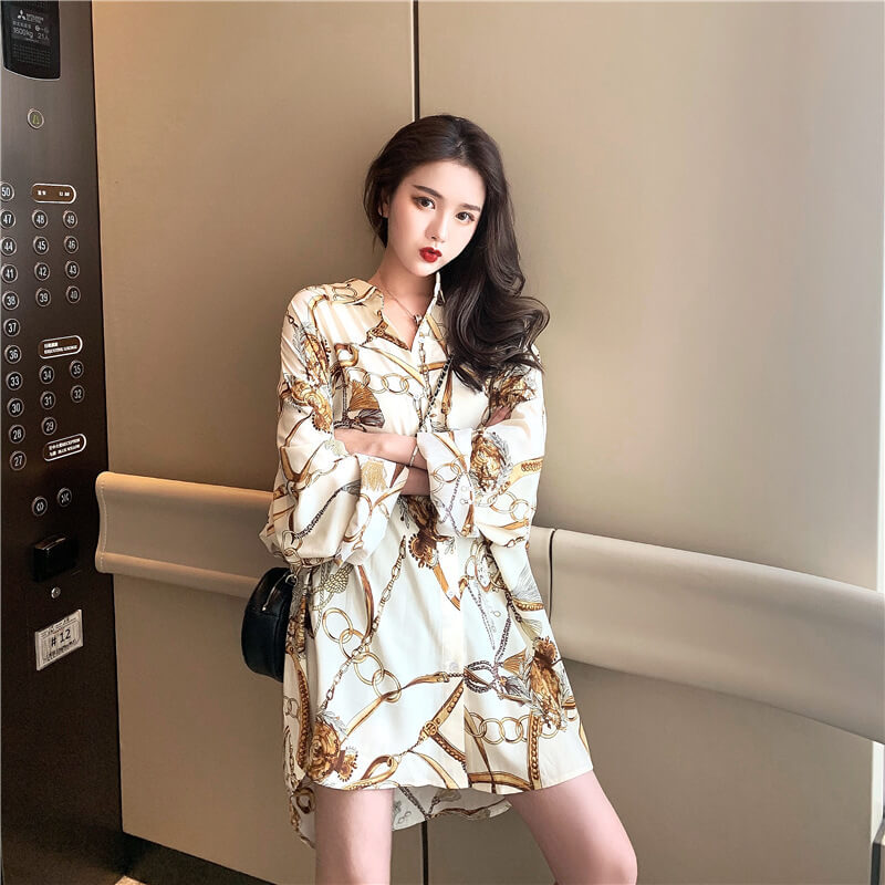 【送料無料】シャツ ブラウス レディース トップス ロングシャツ 大きいサイズ チェーン柄 スキッパー 長袖  白 大きいサイズ ゆったり きれいめ おしゃれ 春 夏 秋 冬 オフィス OL 通勤 フォーマル 着痩せ カジュアル 韓国