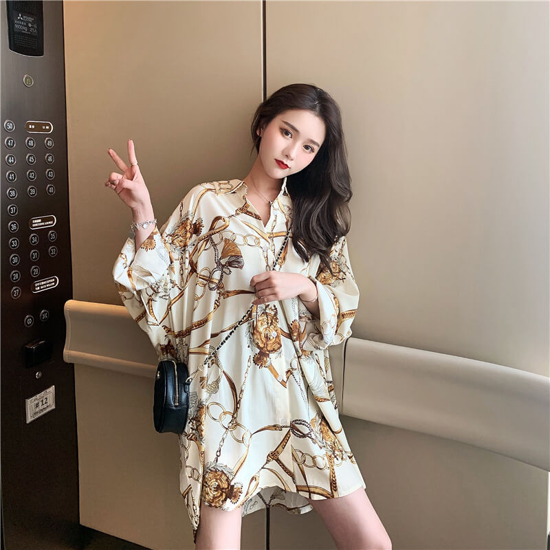 【送料無料】シャツ ブラウス レディース トップス ロングシャツ 大きいサイズ チェーン柄 スキッパー 長袖  白 大きいサイズ ゆったり きれいめ おしゃれ 春 夏 秋 冬 オフィス OL 通勤 フォーマル 着痩せ カジュアル 韓国