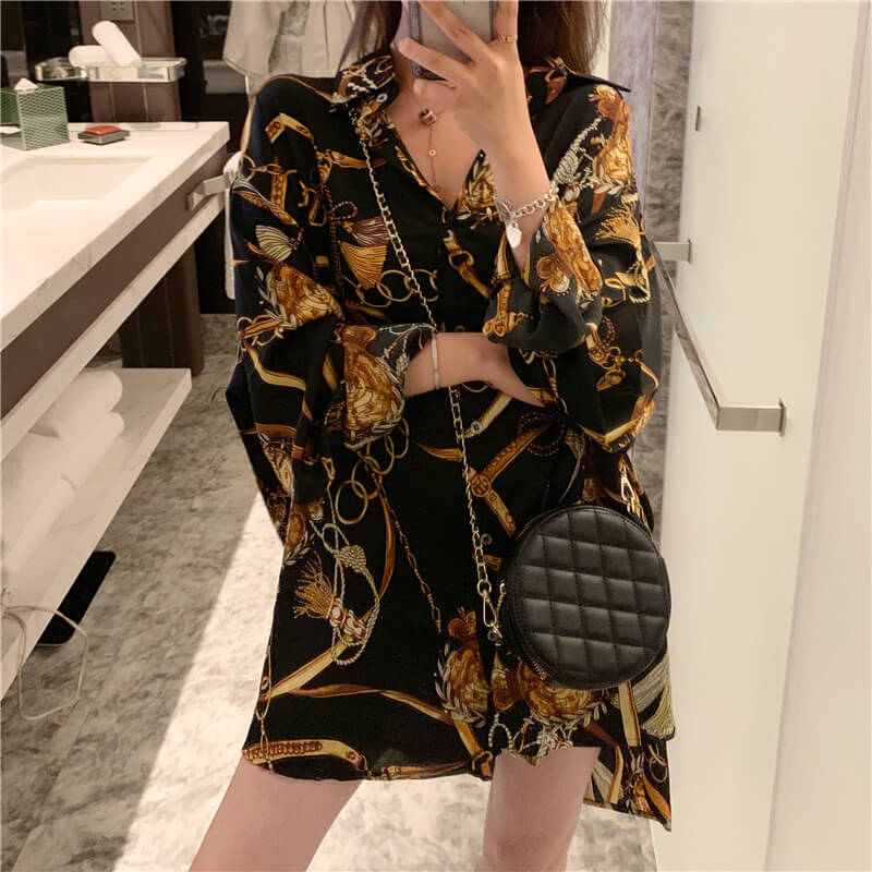 【送料無料】シャツ ブラウス レディース トップス ロングシャツ 大きいサイズ チェーン柄 スキッパー 長袖  白 大きいサイズ ゆったり きれいめ おしゃれ 春 夏 秋 冬 オフィス OL 通勤 フォーマル 着痩せ カジュアル 韓国