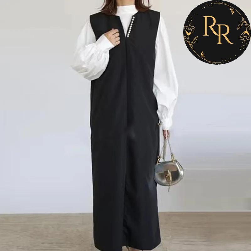 【送料無料】 rrstyle レディース ストレートスカート プルオーバー Vネック ロング 真珠 ノースリーブ スリット 無地 3カラー展開 カジュアルワンピース