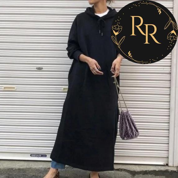 【送料無料】 rrstyle レディース 「フード付き」プルオーバー ボウタイ シンプル ロング ストレートスカート 無地 長袖 ブラック カジュアルワンピース