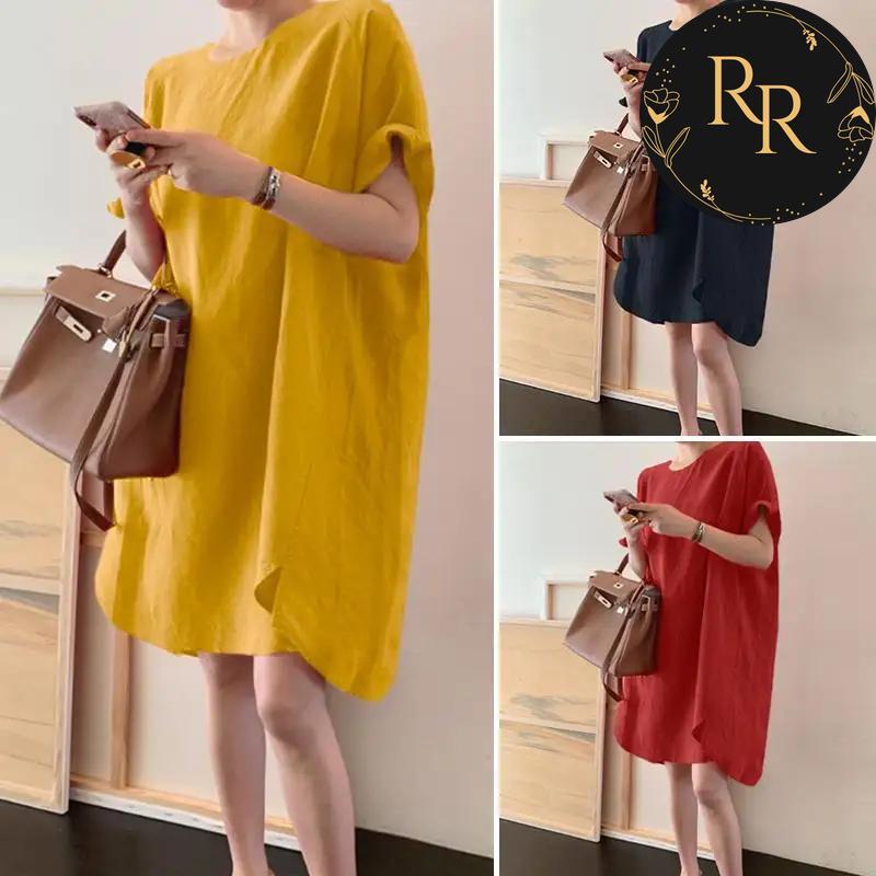 【送料無料】 rrstyle レディース 「定番シンプル」  無地 大きめのサイズ感 綿麻 ハイウエスト カジュアルワンピース